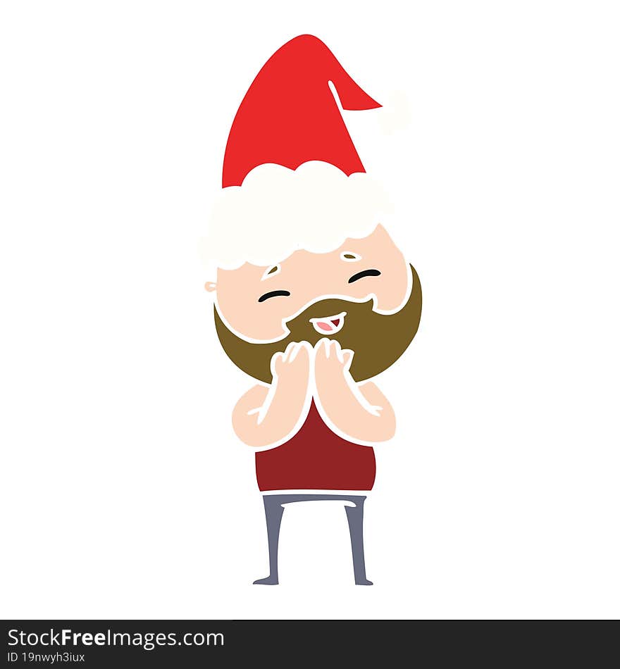 flat color illustration of a happy bearded man wearing santa hat