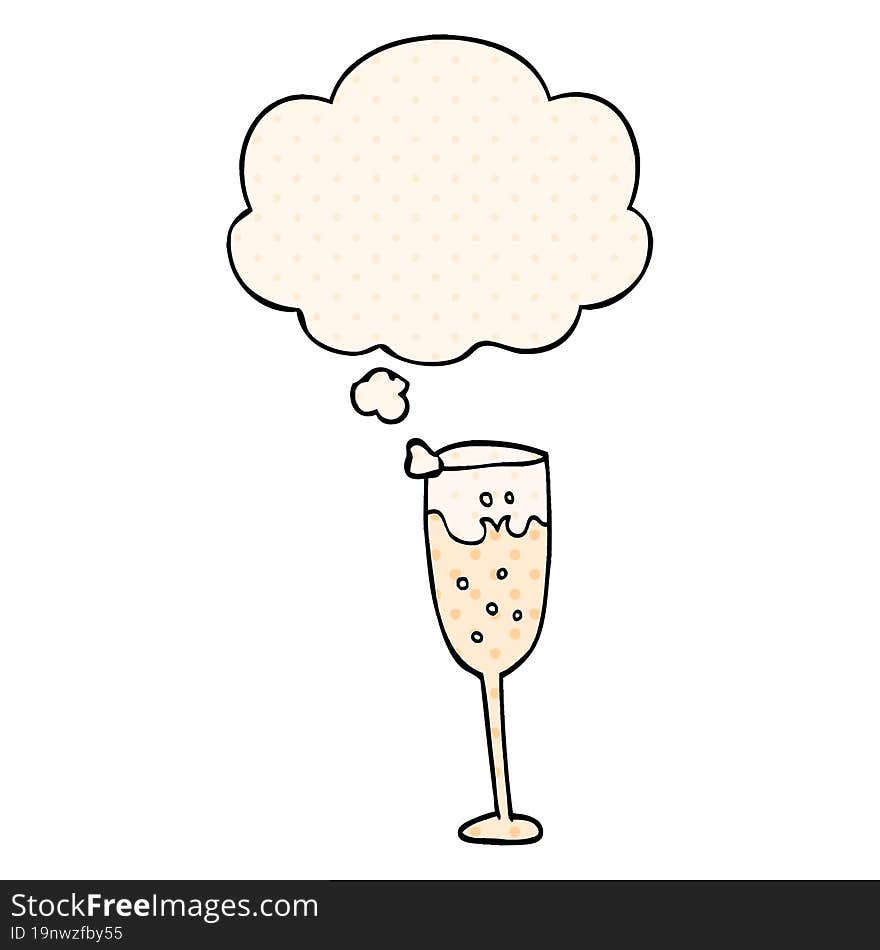 cartoon champagne glass and thought bubble in comic book style