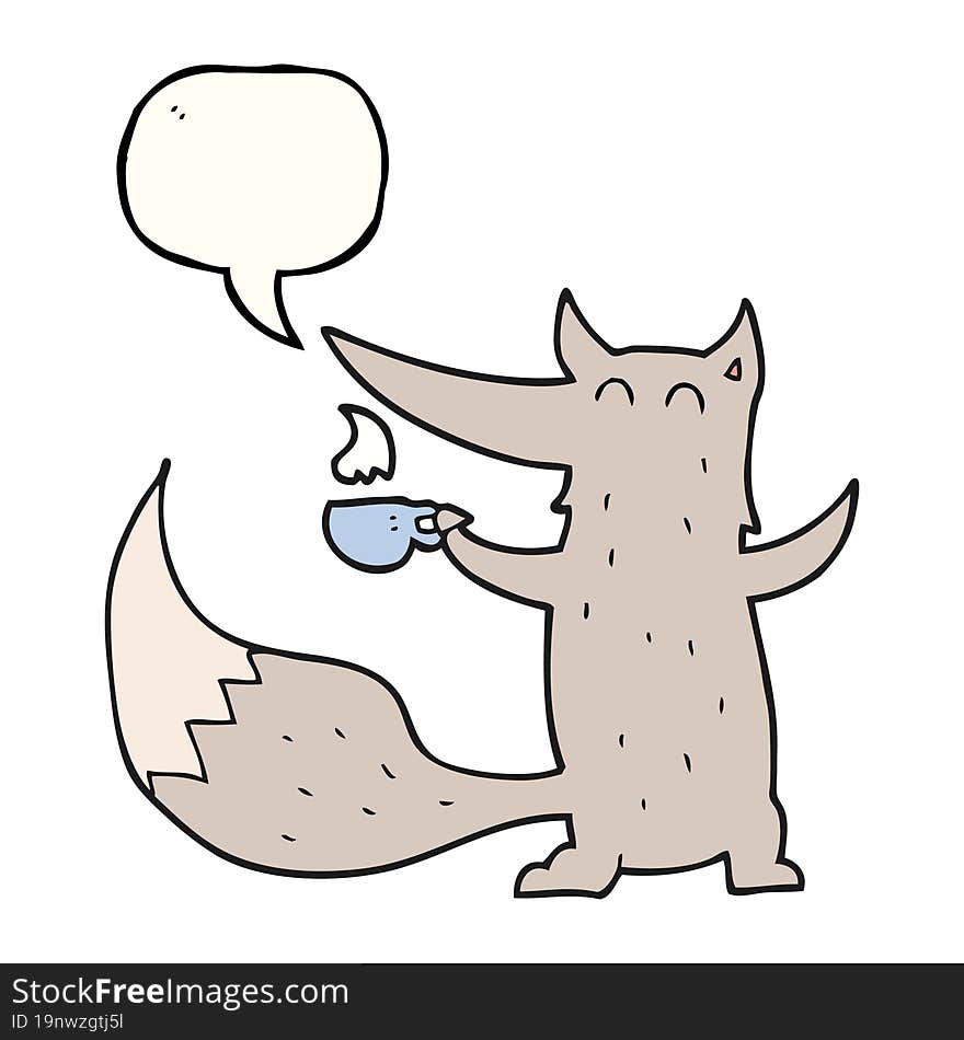 freehand drawn speech bubble cartoon wolf with coffee cup