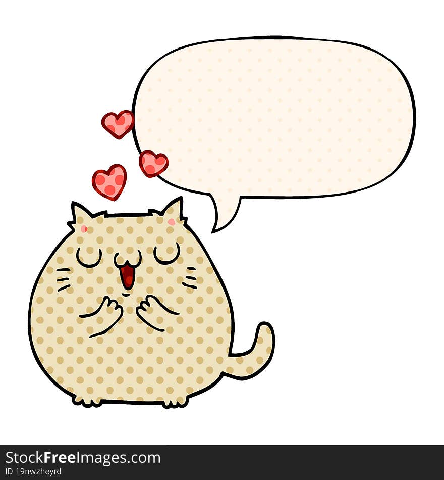 cute cartoon cat in love and speech bubble in comic book style