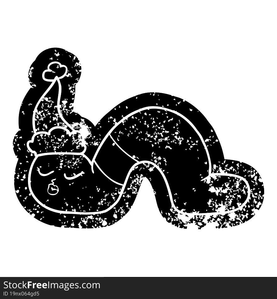 quirky cartoon distressed icon of a worm wearing santa hat