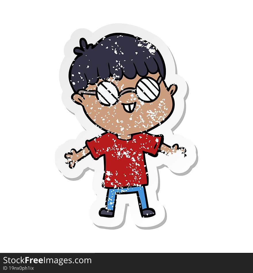 distressed sticker of a cartoon boy wearing spectacles