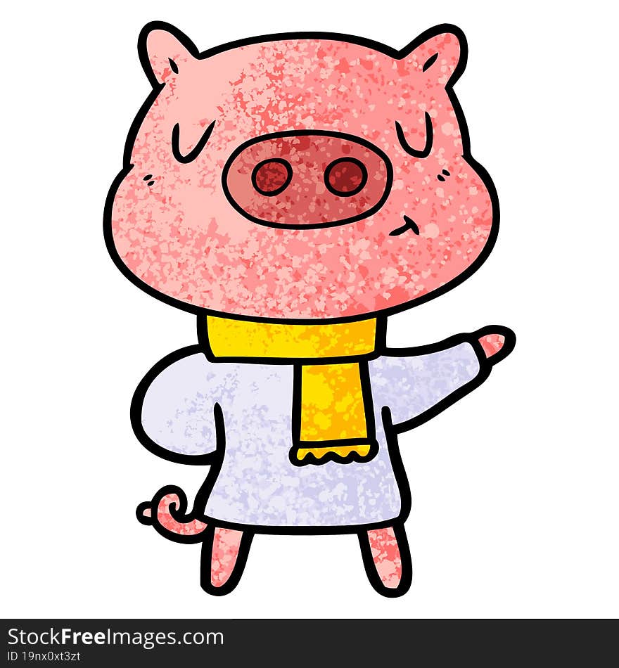 cartoon content pig in winter attire. cartoon content pig in winter attire