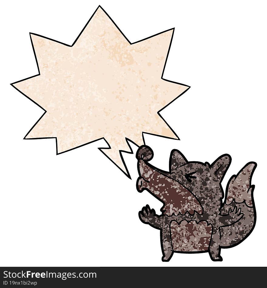 cartoon halloween werewolf howling and speech bubble in retro texture style