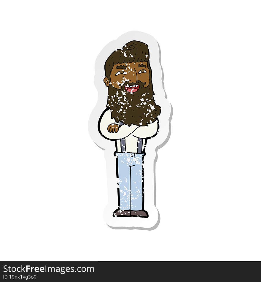 retro distressed sticker of a cartoon happy man with beard