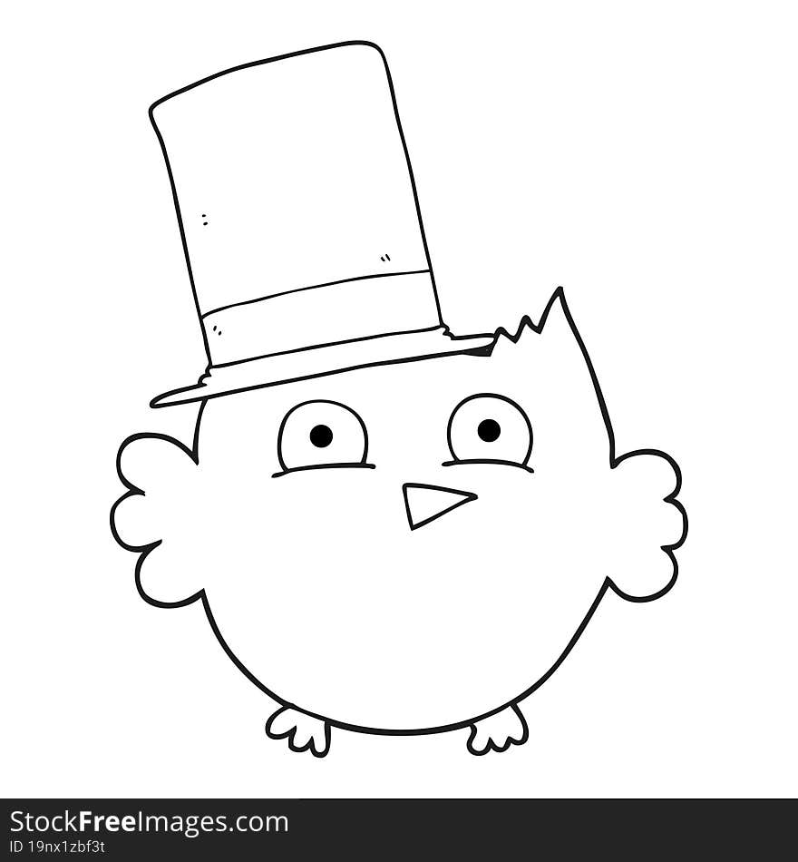 black and white cartoon little owl with top hat