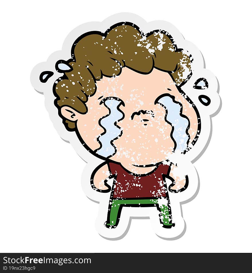 distressed sticker of a cartoon man crying