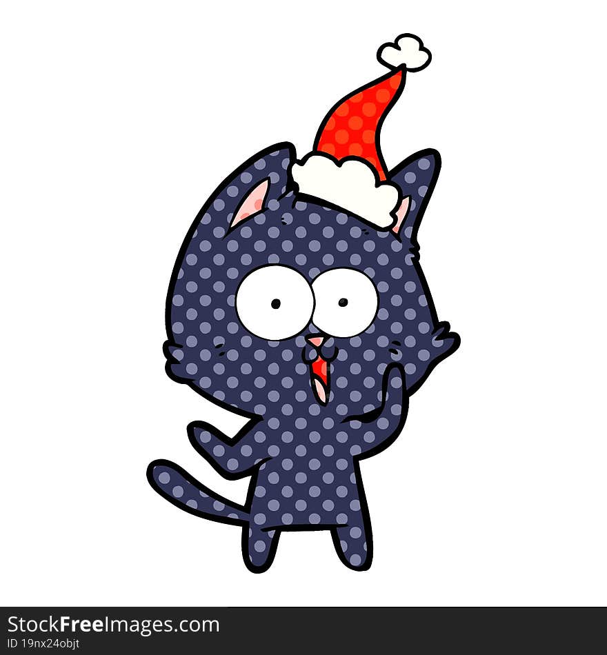 funny comic book style illustration of a cat wearing santa hat