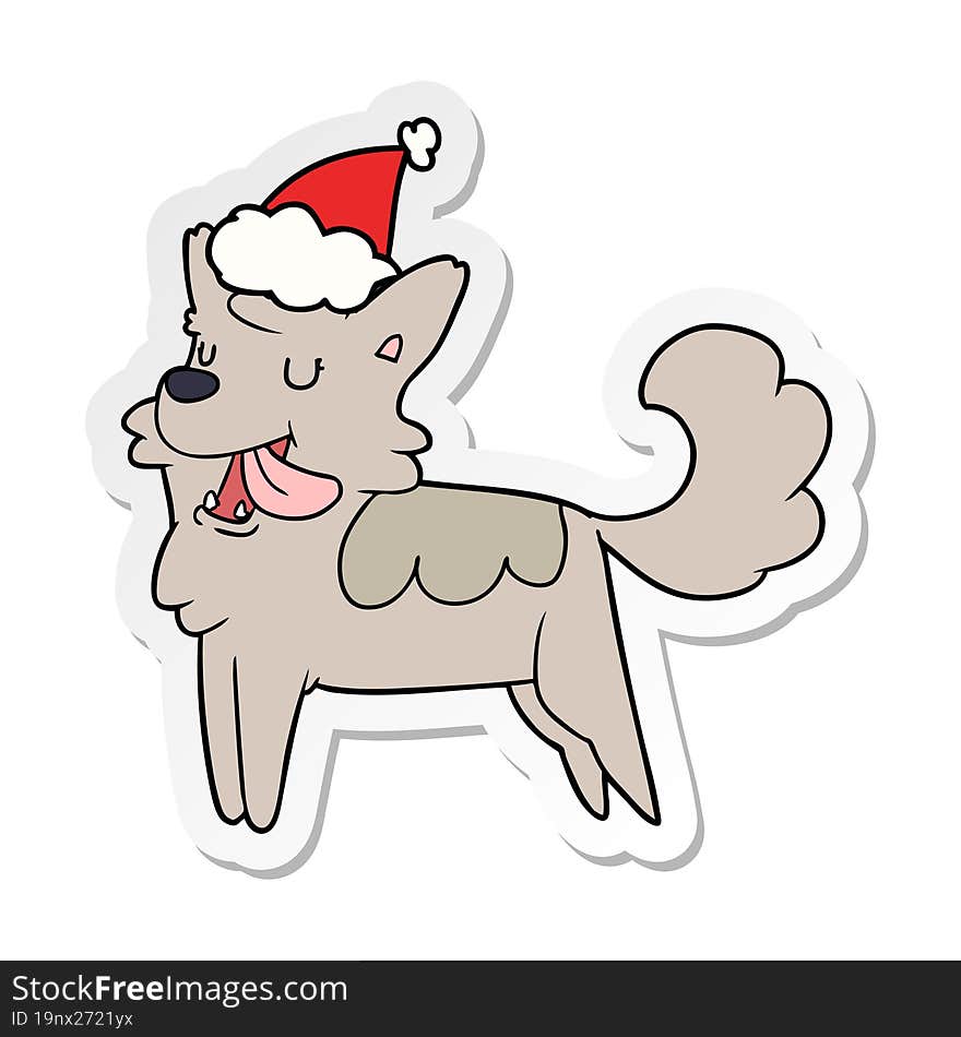 sticker cartoon of a happy dog wearing santa hat