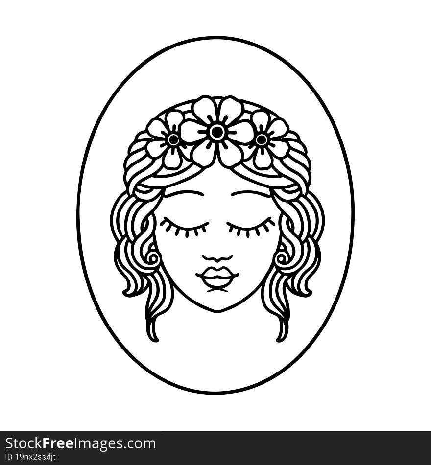 black line tattoo of a maiden with eyes closed