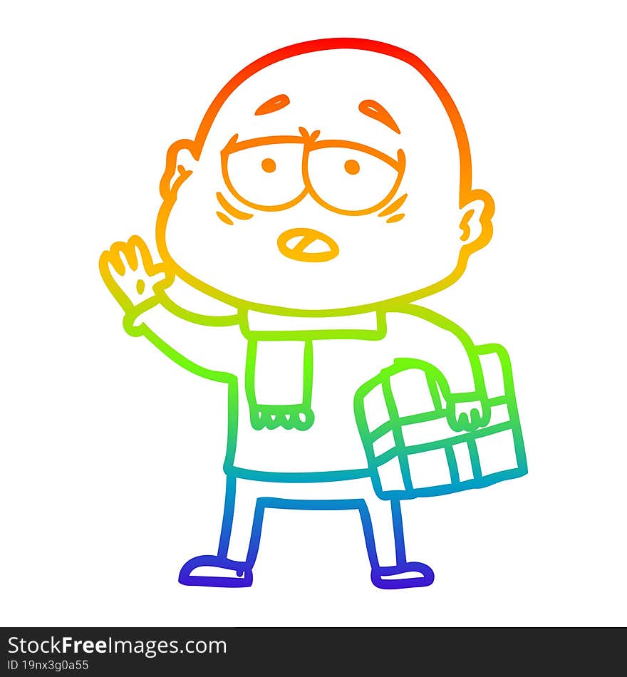 rainbow gradient line drawing cartoon tired bald man