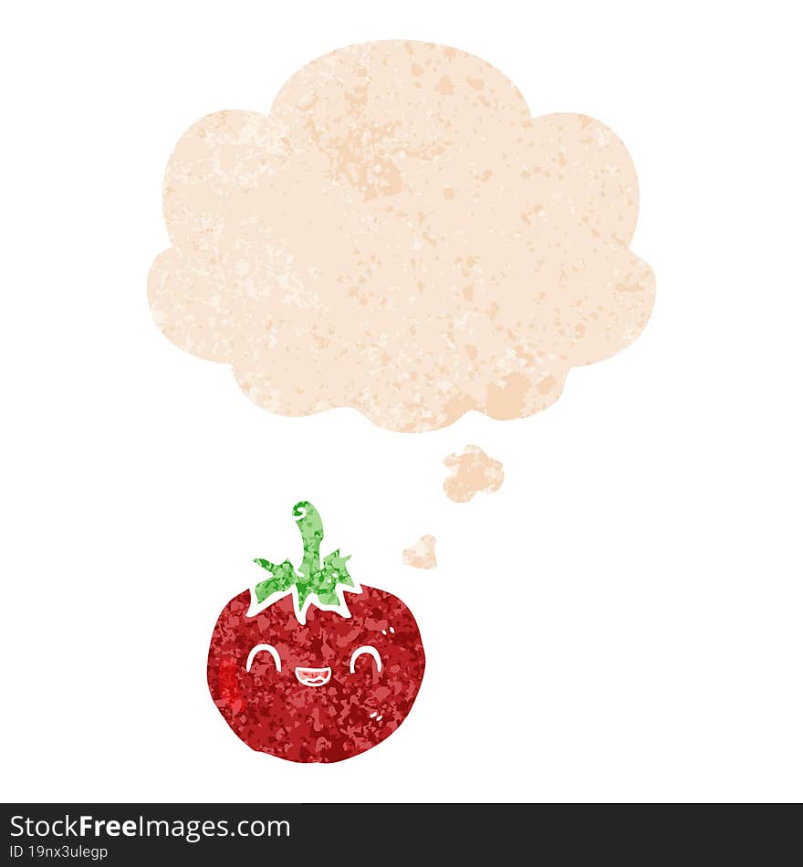 cute cartoon tomato and thought bubble in retro textured style