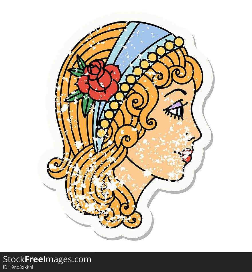 traditional distressed sticker tattoo of a gypsy head