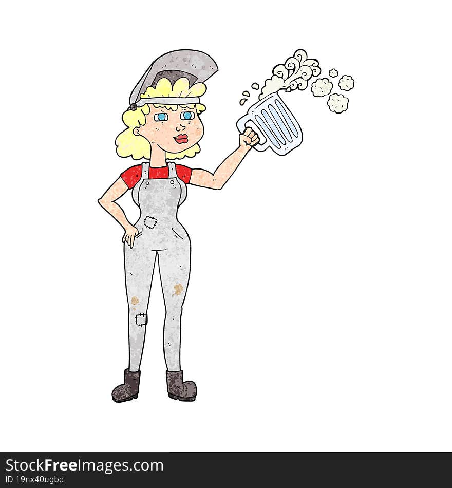 freehand textured cartoon hard working woman with beer