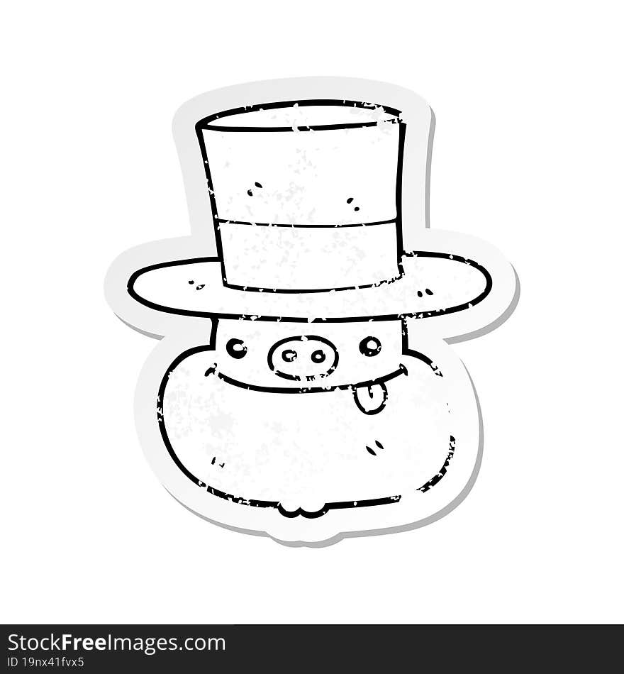 distressed sticker of a cartoon pig wearing top hat