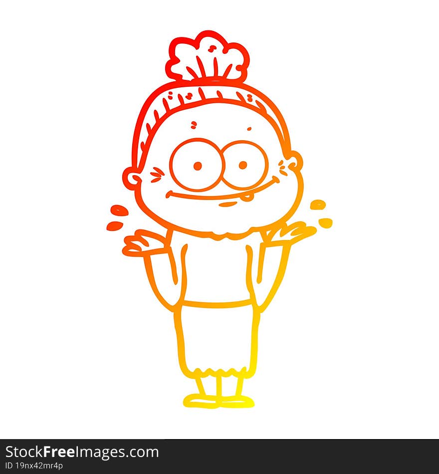 warm gradient line drawing of a cartoon happy old woman