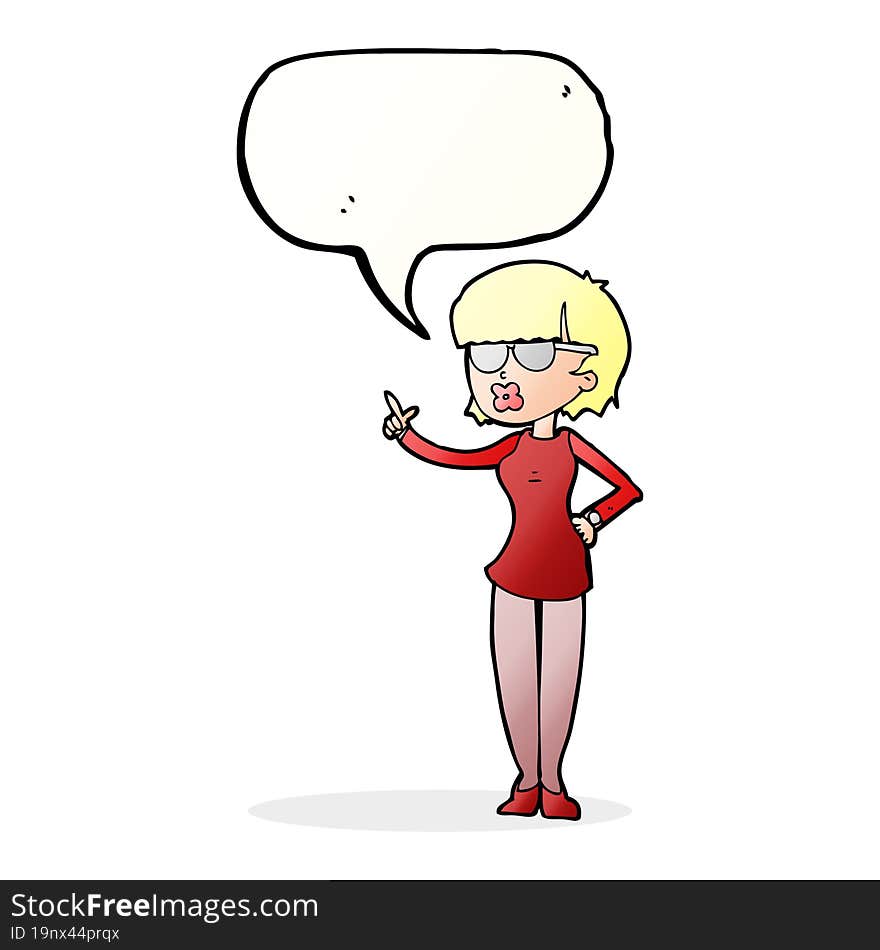 cartoon woman wearing spectacles with speech bubble