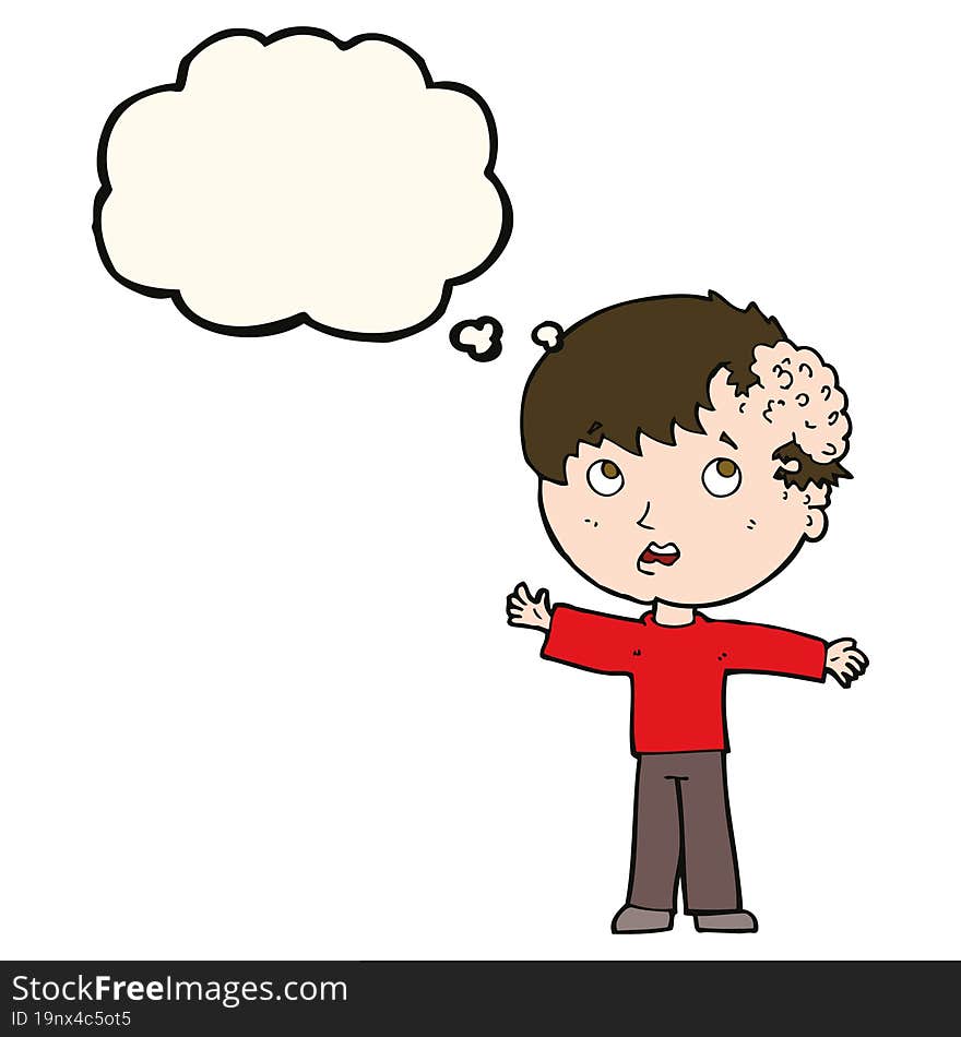 Cartoon Boy With Growth On Head With Thought Bubble