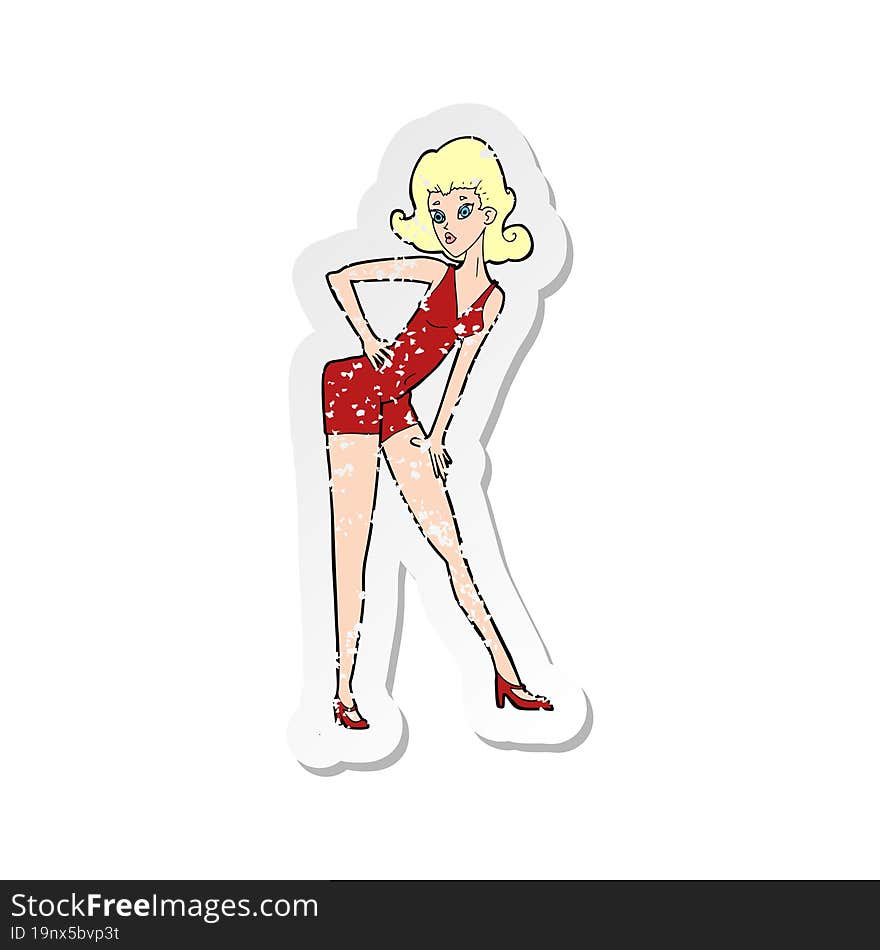 Retro Distressed Sticker Of A Cartoon Model Woman Posing