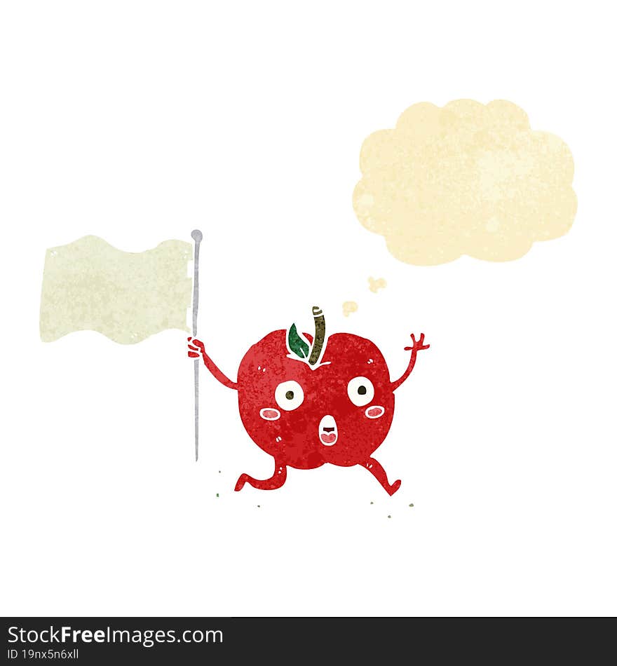 cartoon funny apple with flag with thought bubble