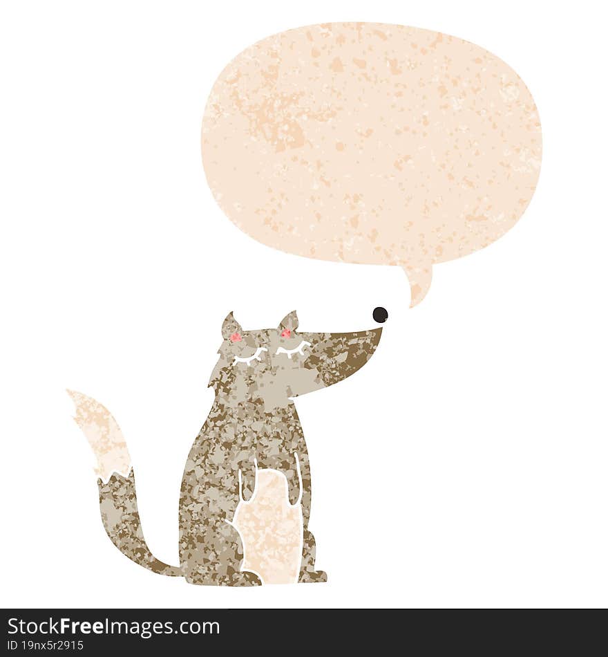 cartoon wolf and speech bubble in retro textured style