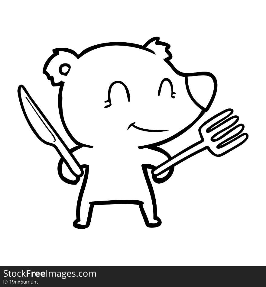 smiling bear cartoon with knife and fork. smiling bear cartoon with knife and fork