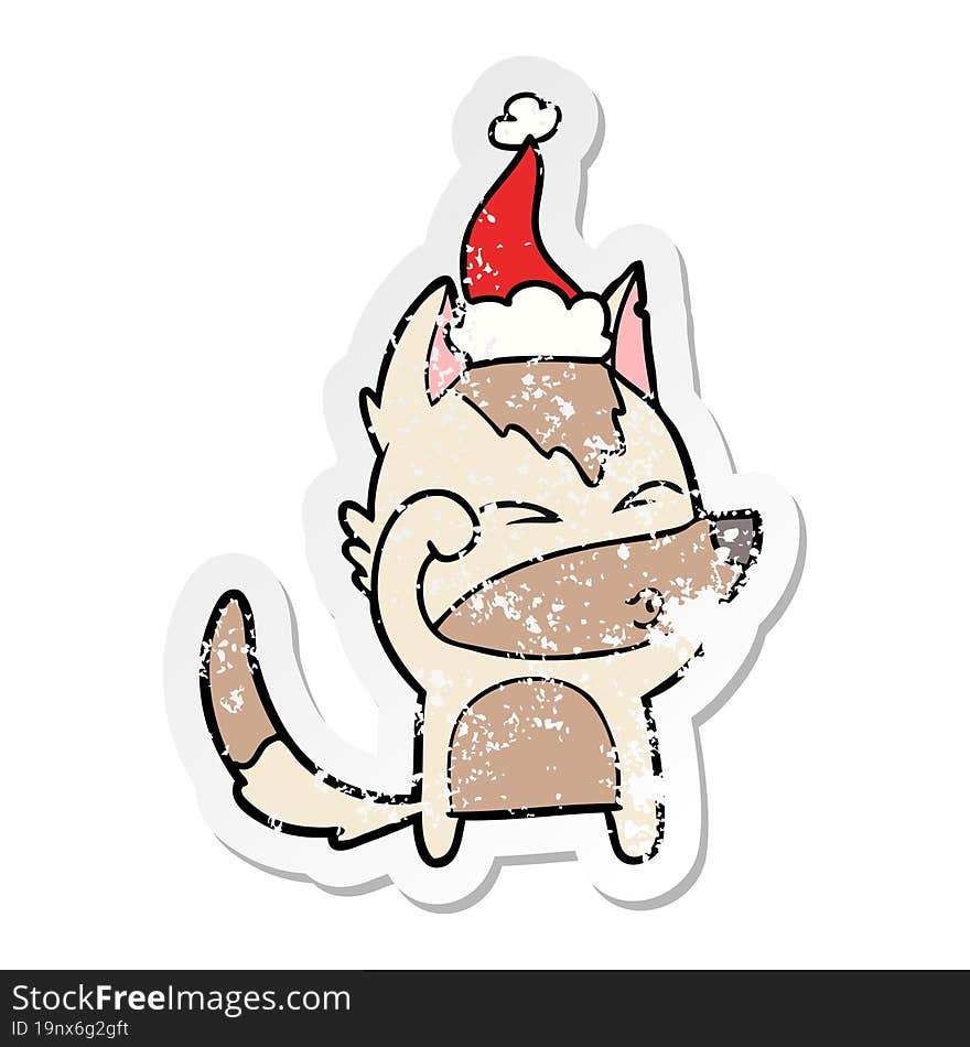 distressed sticker cartoon of a wolf pouting wearing santa hat