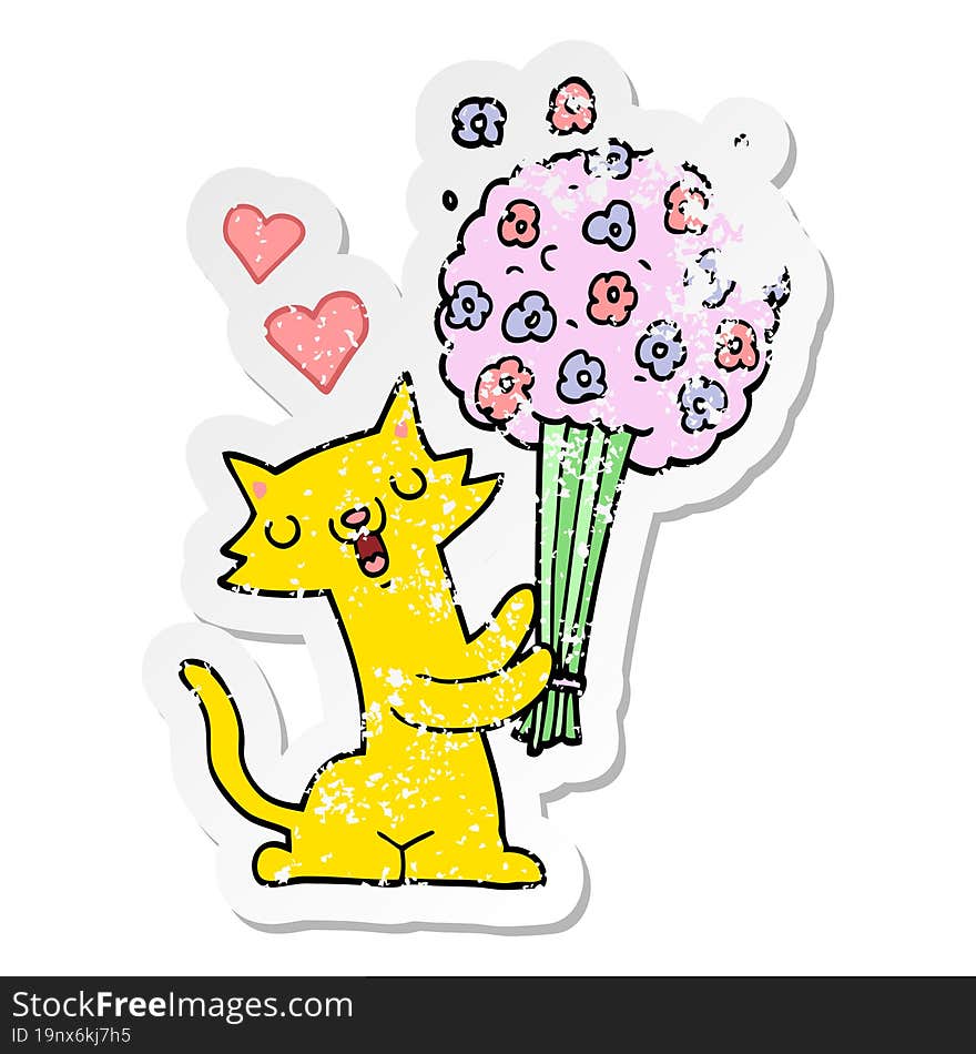 distressed sticker of a cartoon cat in love with flowers