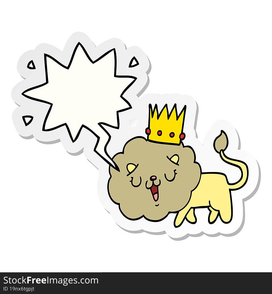 cartoon lion with crown with speech bubble sticker. cartoon lion with crown with speech bubble sticker