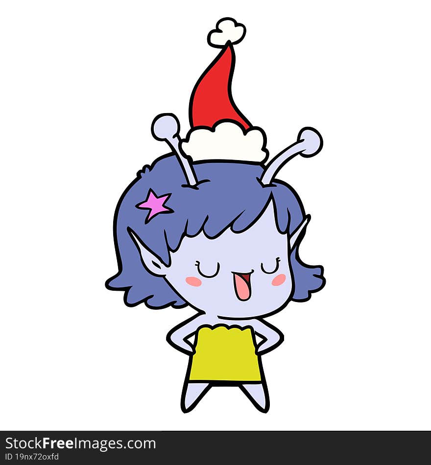 happy alien girl line drawing of a wearing santa hat