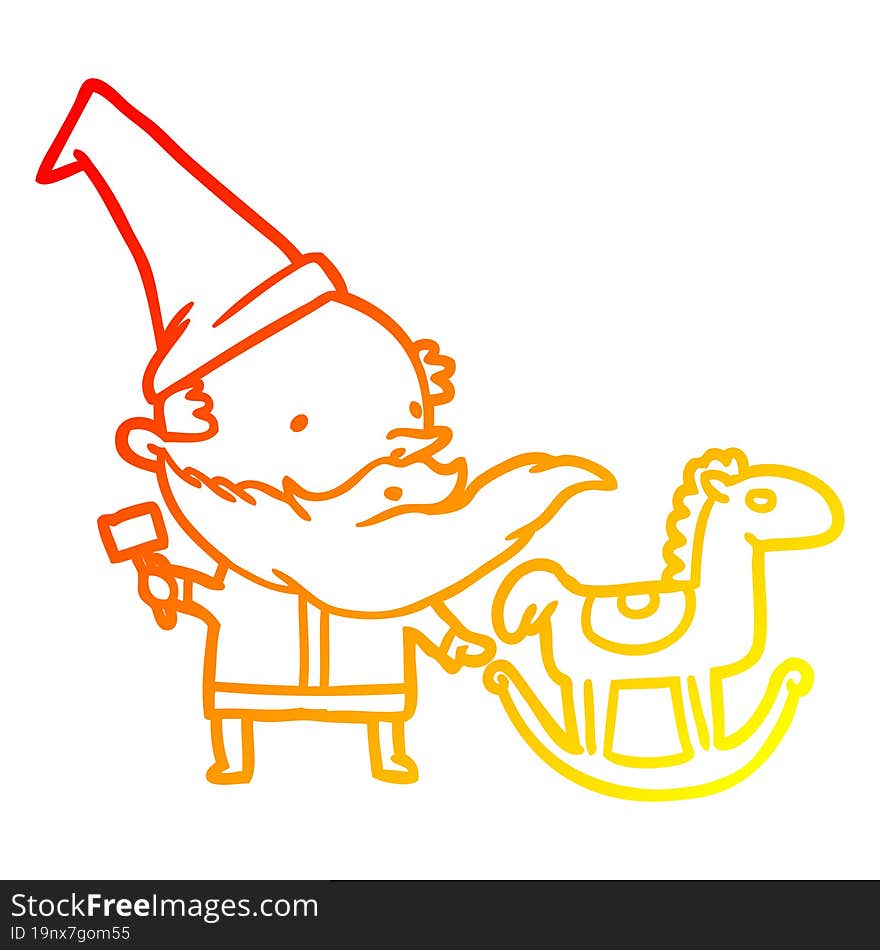 warm gradient line drawing of a santa (or elf) making a rocking horse