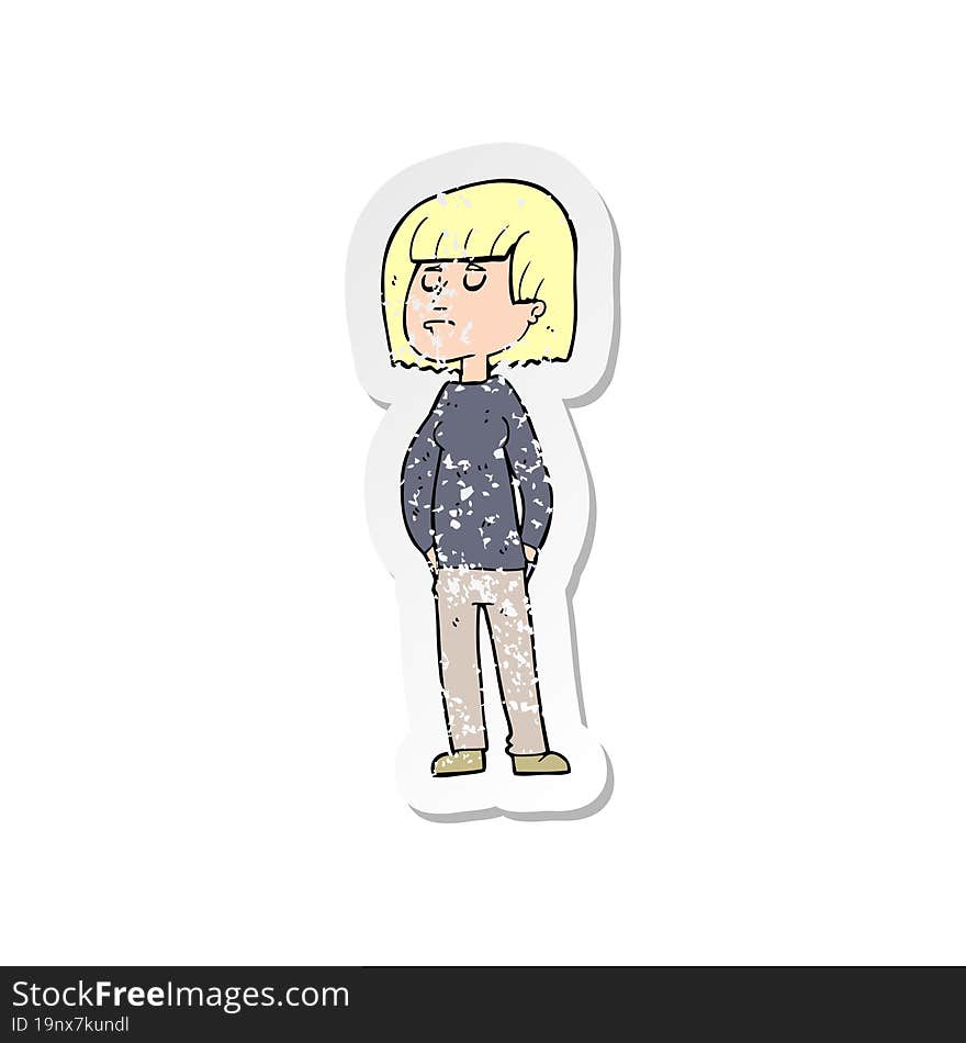 retro distressed sticker of a cartoon woman ignoring