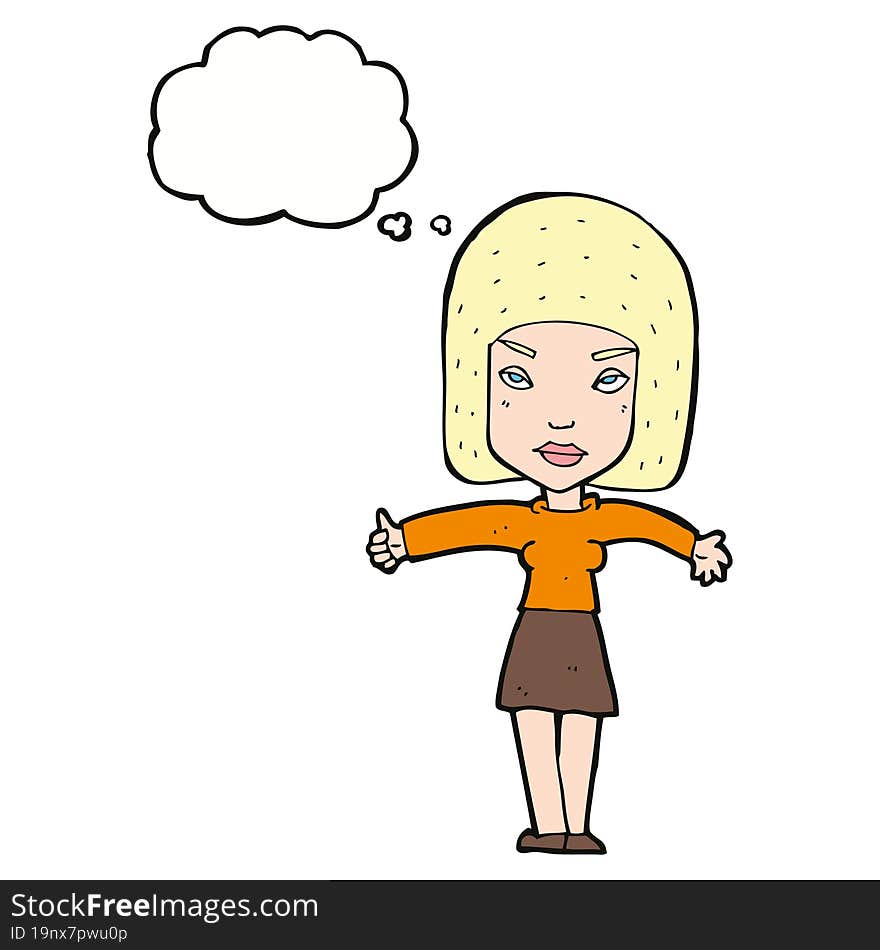 cartoon woman giving thumbs up symbol with thought bubble