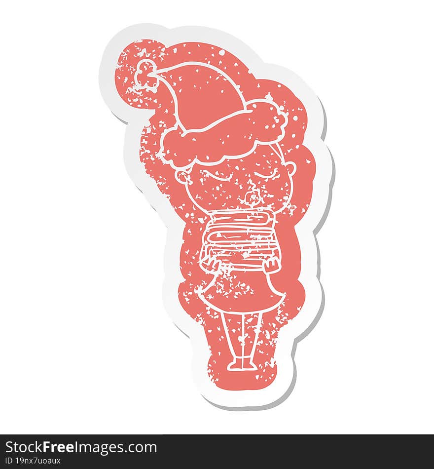 quirky cartoon distressed sticker of a calm woman wearing santa hat