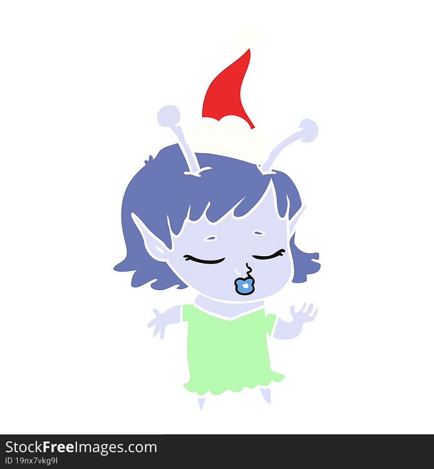 cute alien girl flat color illustration of a wearing santa hat