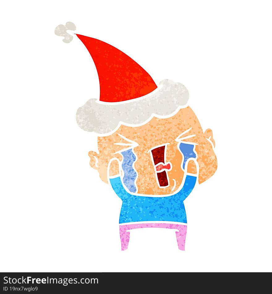 retro cartoon of a crying bald man wearing santa hat