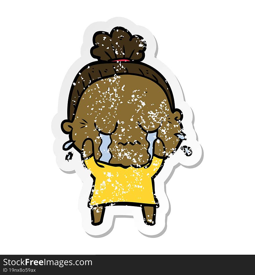 distressed sticker of a cartoon crying old lady