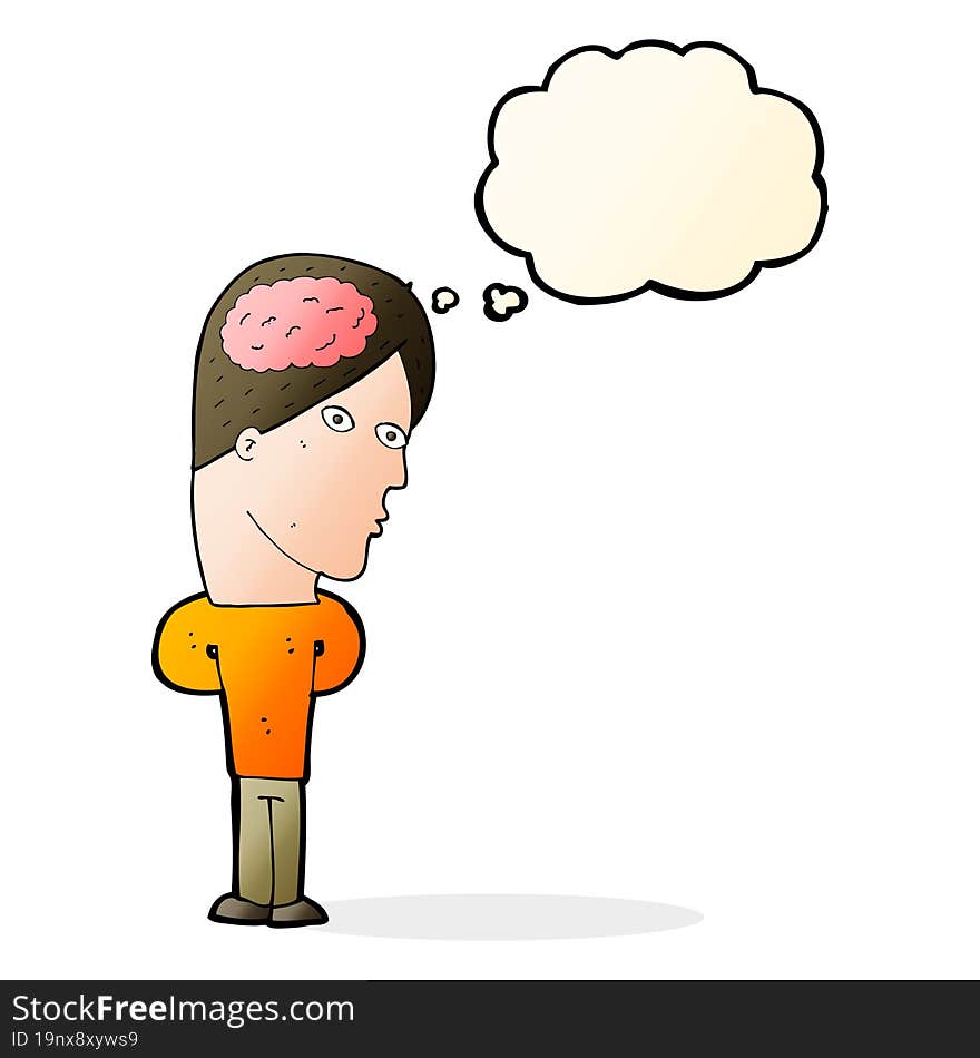 cartoon man with big brain with thought bubble