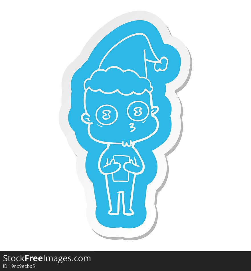 cartoon  sticker of a weird bald spaceman wearing santa hat