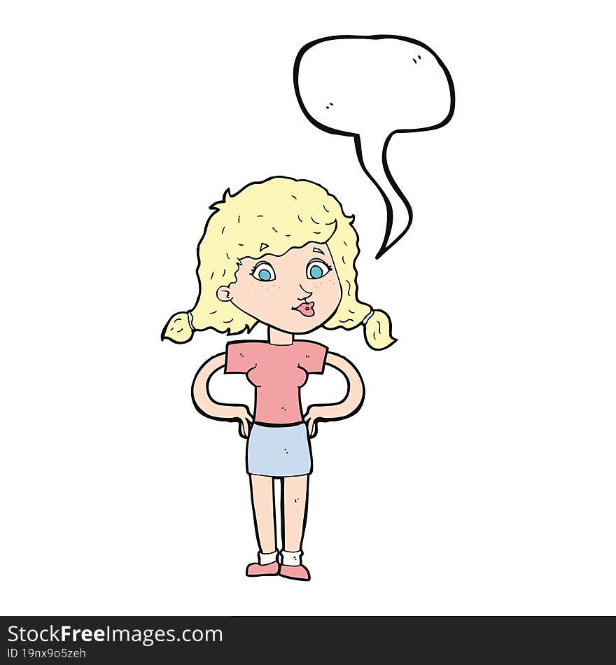 cartoon pretty girl with hands on hips with speech bubble