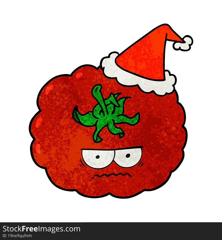 textured cartoon of a angry tomato wearing santa hat