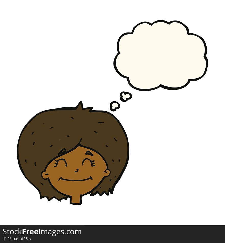 cartoon happy female face with thought bubble