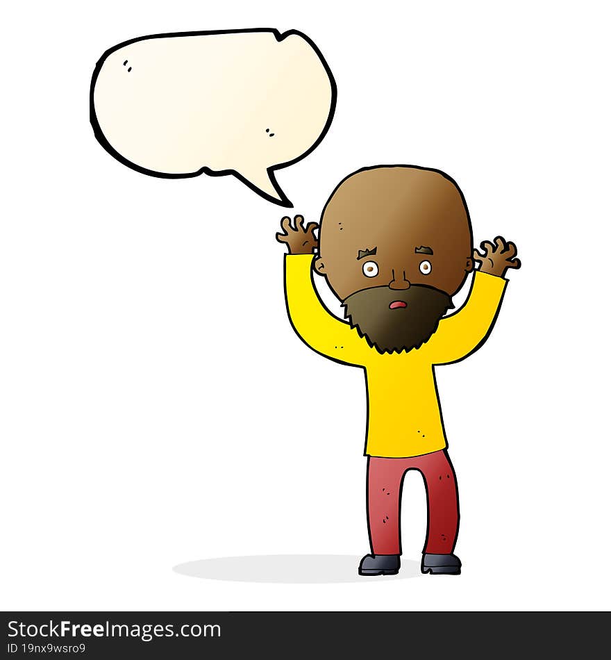 cartoon bearded man panicking with speech bubble