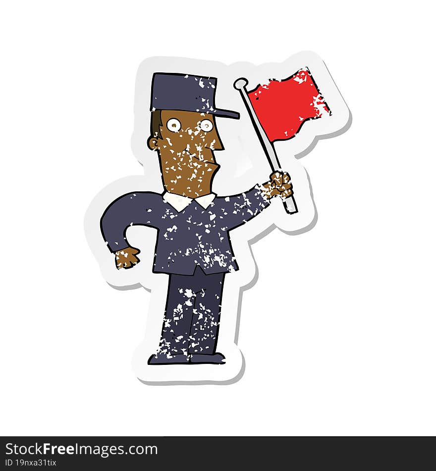 retro distressed sticker of a cartoon man waving flag