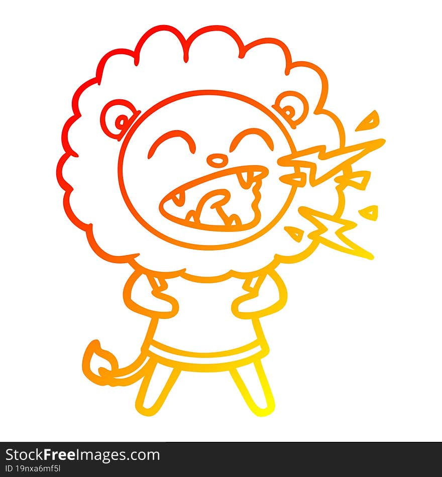 warm gradient line drawing of a cartoon roaring lion in dress