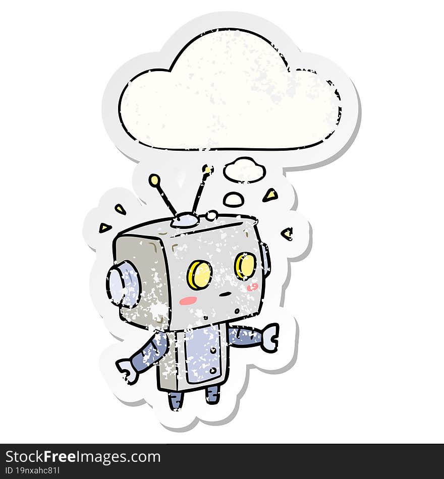 cartoon robot and thought bubble as a distressed worn sticker