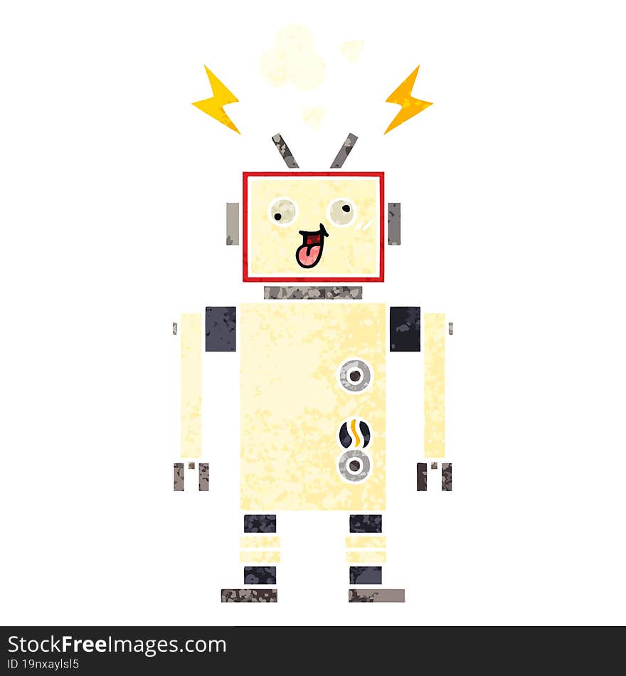 retro illustration style cartoon of a crazy broken robot