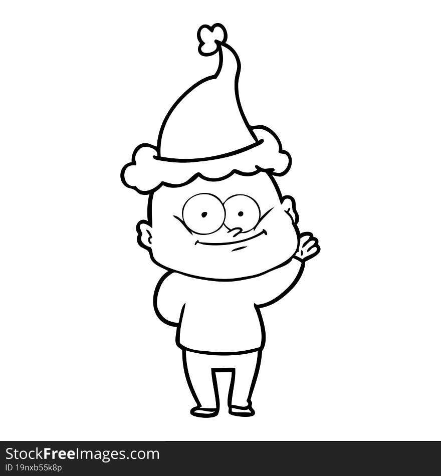 hand drawn line drawing of a bald man staring wearing santa hat