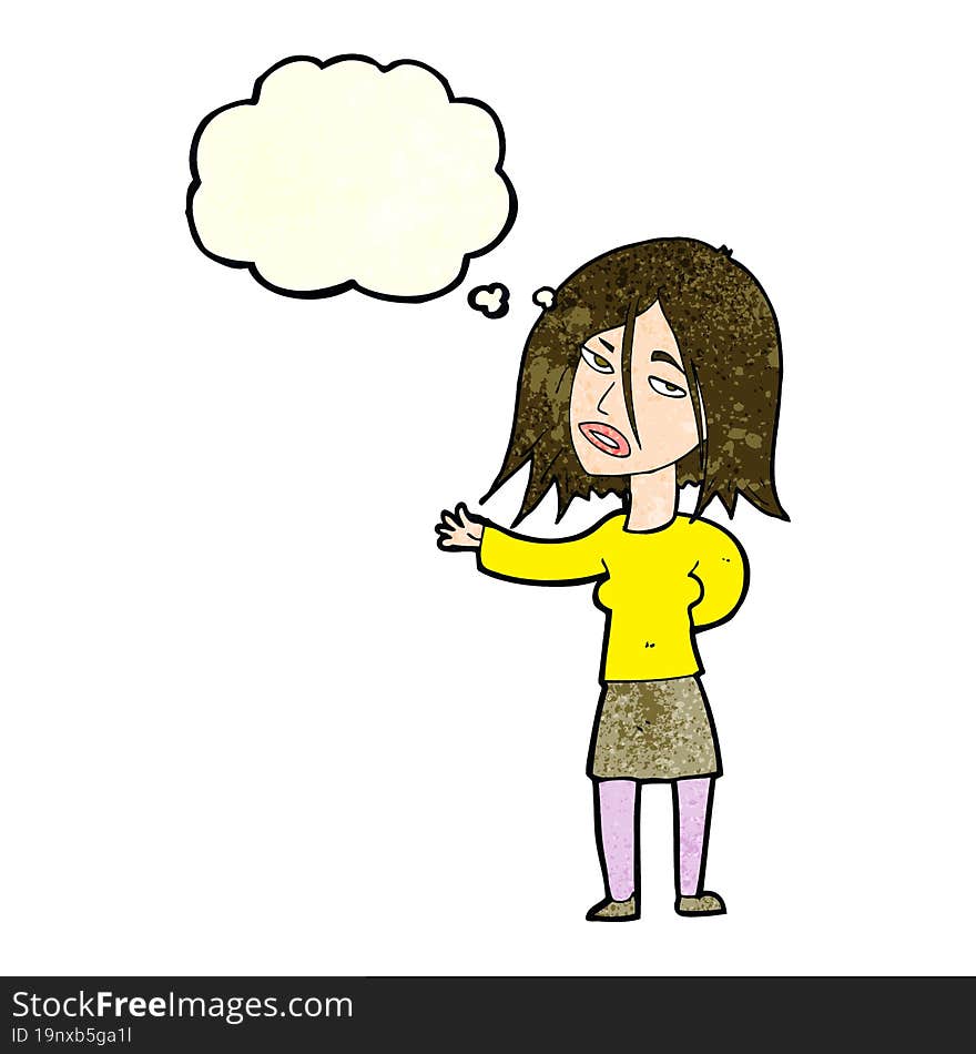 cartoon unhappy woman with thought bubble