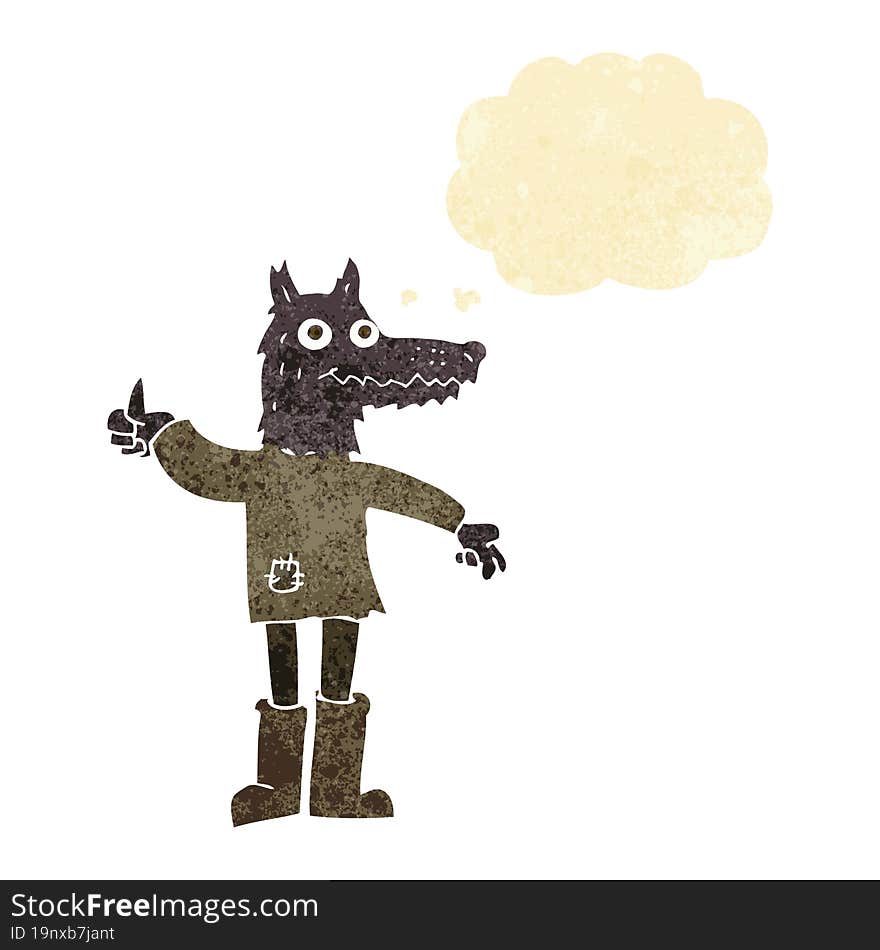 cartoon wolf man with thought bubble